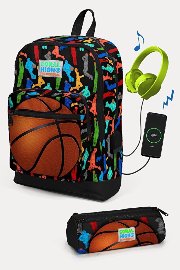 Kids Black Basketball Patterned 2-Piece School Bag Set with USB SET0223281
