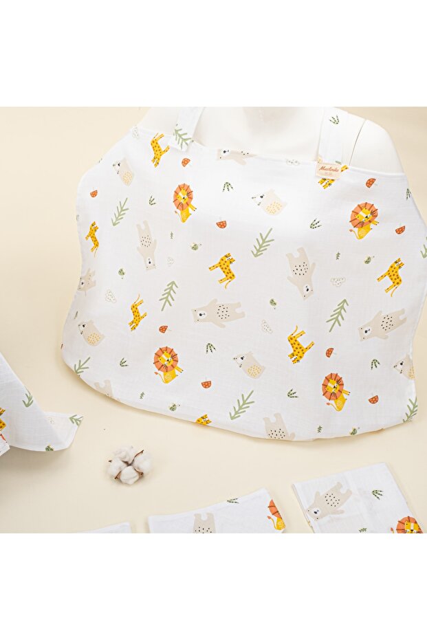 9 Parça Set - Aslan - Puset Seti,Müslin Örtü,Önlük Mendil Set,Emzirme Önlüğü - 3