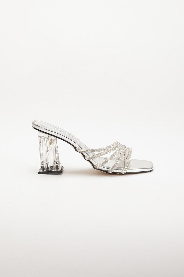 Kadın Gümüş Beyaz Günlük Rahat Şık Pırlanta Taşlı Abiye Terlik Sandalet Stiletto Ayakkabı - 4
