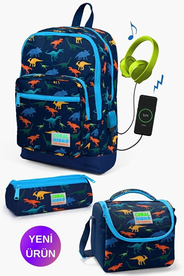Kids Navy Blue Dinosaur Patterned 3-Piece School Bag Set with USB GOSET0123289