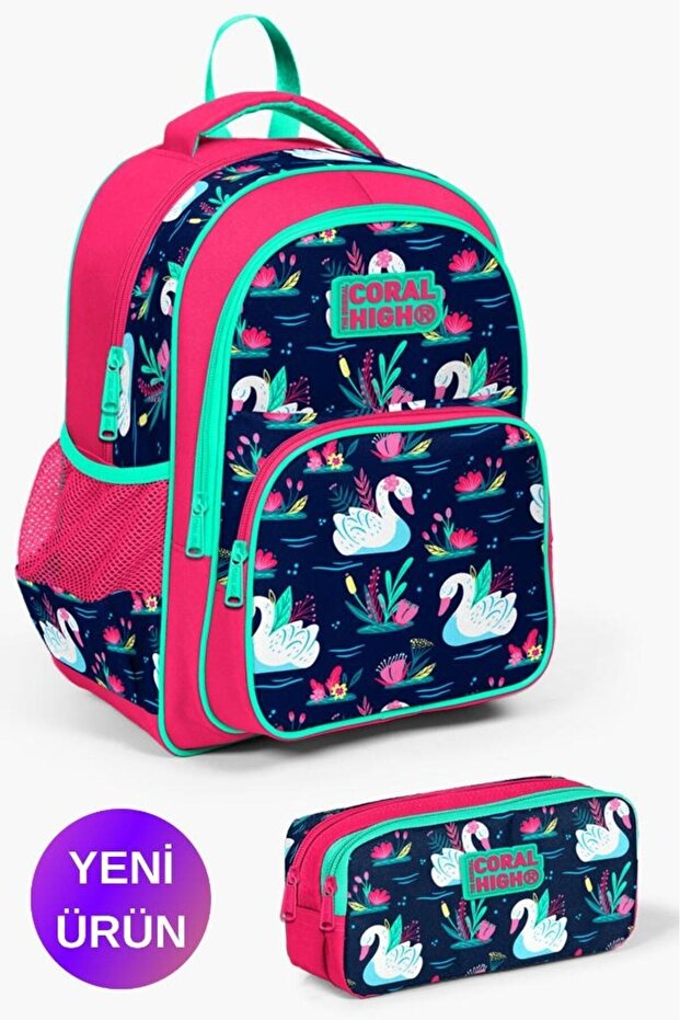 Kids Neon Coral Navy Blue Swan Patterned 2-Piece School Bag Set Goset0223402