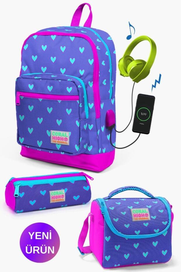 Kids Lavender Pink Heart Patterned 3-Piece School Bag Set with USB GOSET0123806