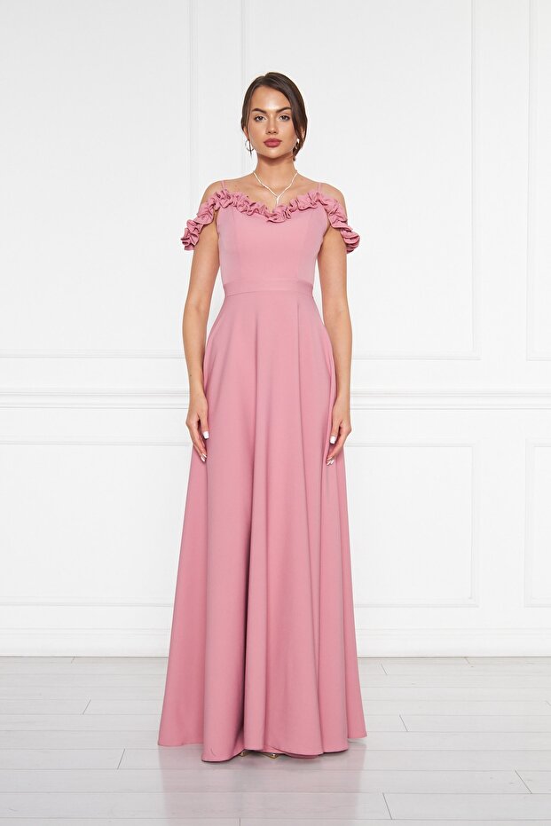 Dried Rose Ruffle Collar Detail Adjustable Straps Woven Fabric Maxi Flared Evening Dress