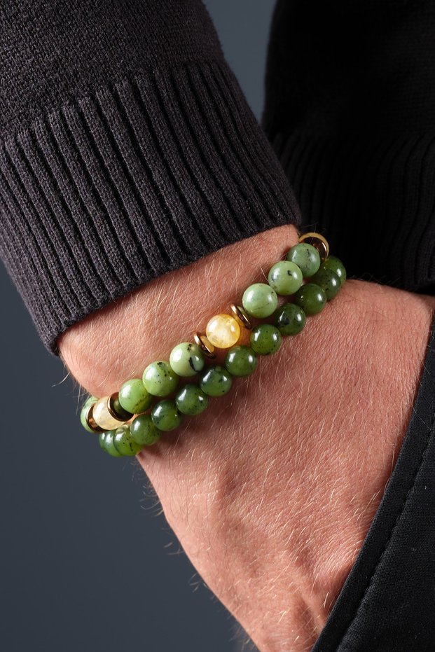 Certified Jade and Citrine Stone Set Natural Stone Women's & Men's 8mm Bracelet