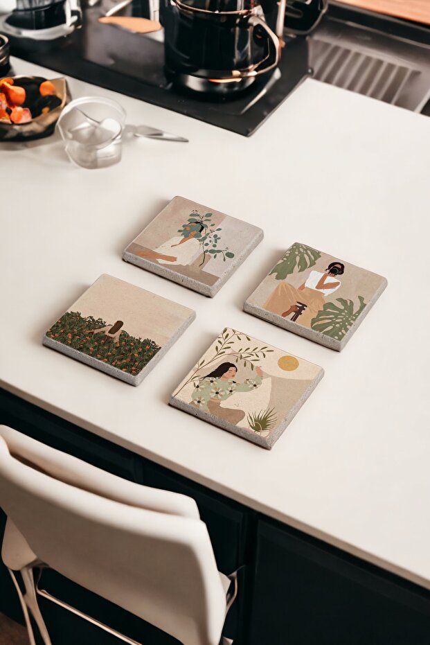 Boho Faceless Women Themed Natural Stone Travertine Coasters Set of 4