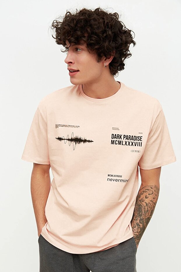 Pudra Oversize/Geniş Kesim Bisiklet Yaka Yazı Baskılı %100 Pamuklu T-Shirt TMNSS20TS1097 - 1