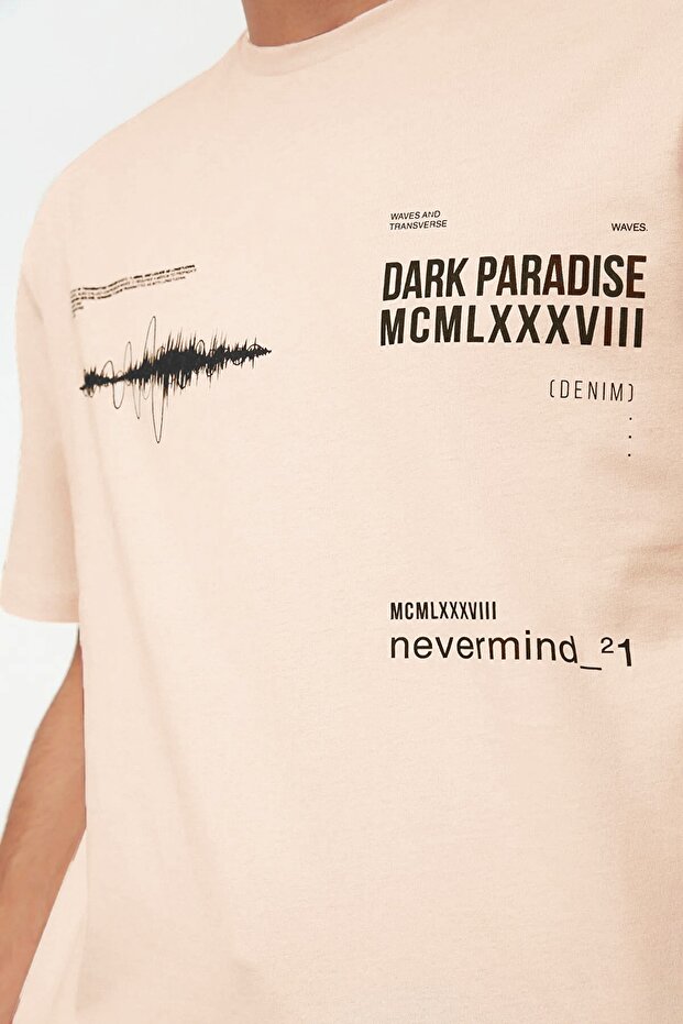 Pudra Oversize/Geniş Kesim Bisiklet Yaka Yazı Baskılı %100 Pamuklu T-Shirt TMNSS20TS1097 - 5
