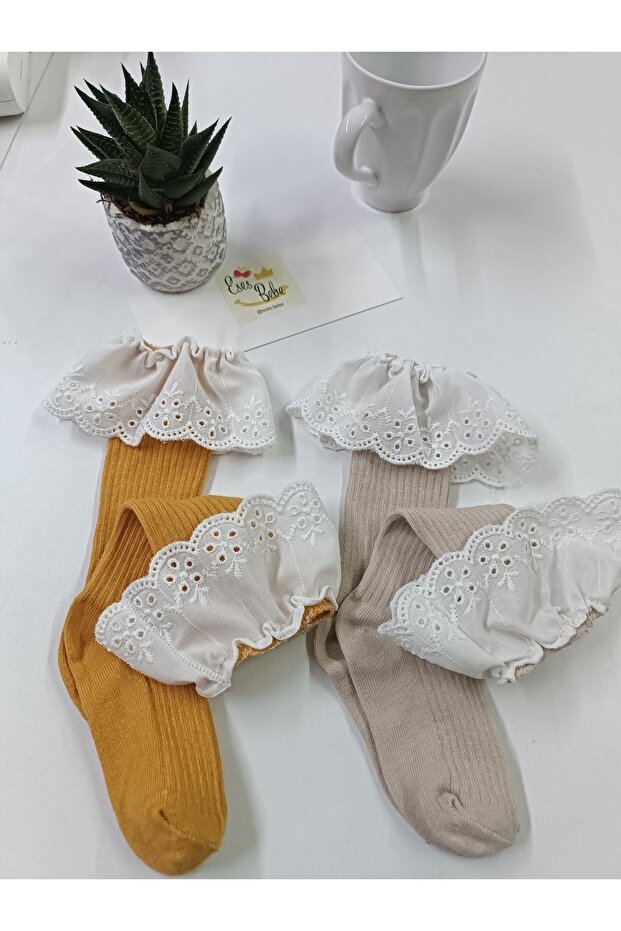 Pack of 2 saffron beige lace knee-high baby children's socks