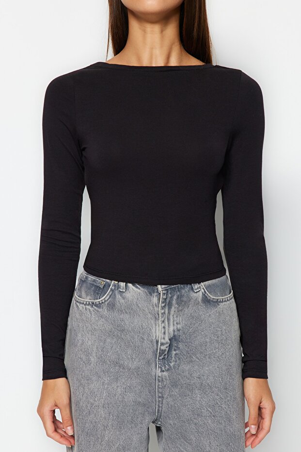Siyah Derin Sırt Dekolteli Fitted/Vücuda Oturan Pamuklu Esnek Örme Bluz TWOAW24BZ00173 - 5