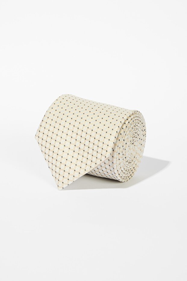 Men's Beige-Navy Blue Patterned Tie