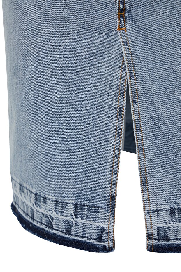 Mavi Ön Yırtmaçlı Midi Boy %100 Pamuk Non-Stretch Büyük Beden Denim Etek TBBSS23AZ00054 - 7