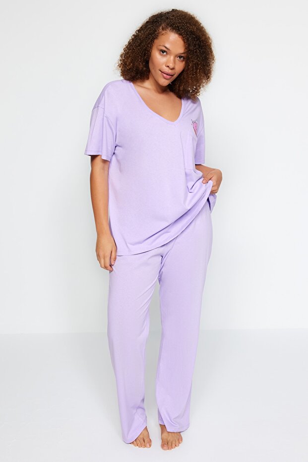 Lila Baskılı Cep Detaylı Örme Pijama Takımı TBBAW24AI00004 - 5