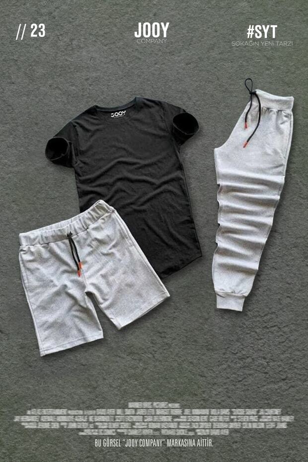 Gray Tracksuit, Black T-Shirt, Gray Shorts 3-Piece Combination