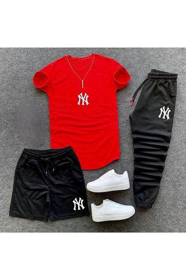 Baskılı Ünisex Yazlık Şort T-shirt Eşofman Altı 3 lü Set Combin Takım - 1