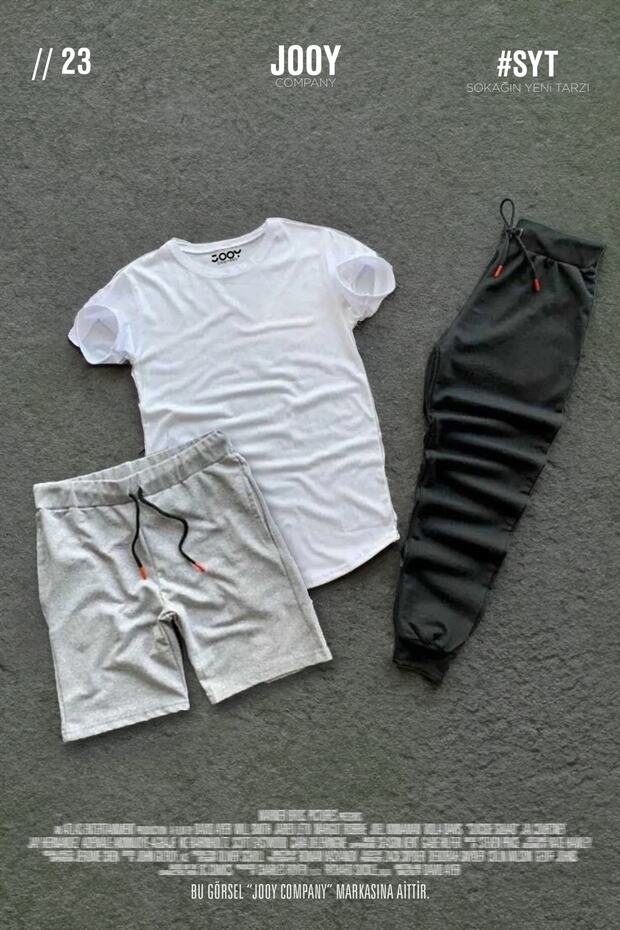 Black Tracksuit, White T-Shirt, Gray Shorts 3-Piece Combination