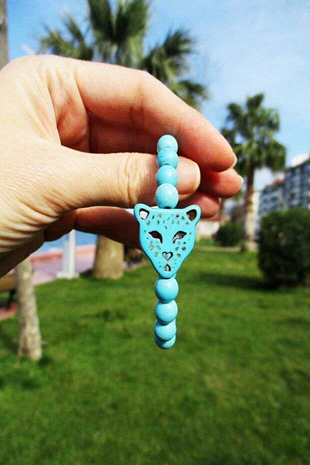 Turquoise Natural Stone Women's Bracelet with Tiger Figure