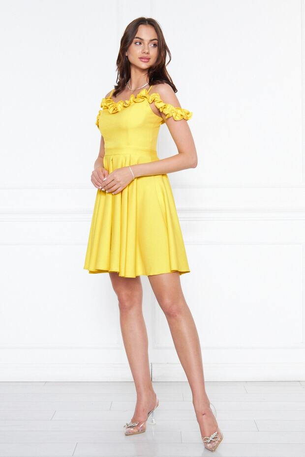 Yellow Hanging Neck Boat Ruffle Detail Woven Fabric Pleated Mini Flared Evening Dress
