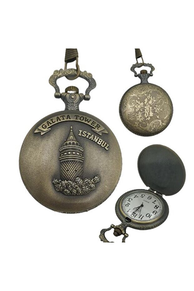 Retro Design Quartz Galata Tower Embossed Chain Chain Pocket Watch