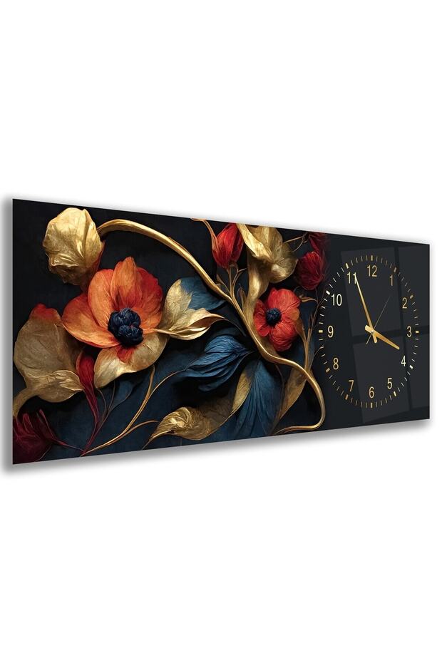 Saatli 3D Çiçekler Cam Tablo - 2
