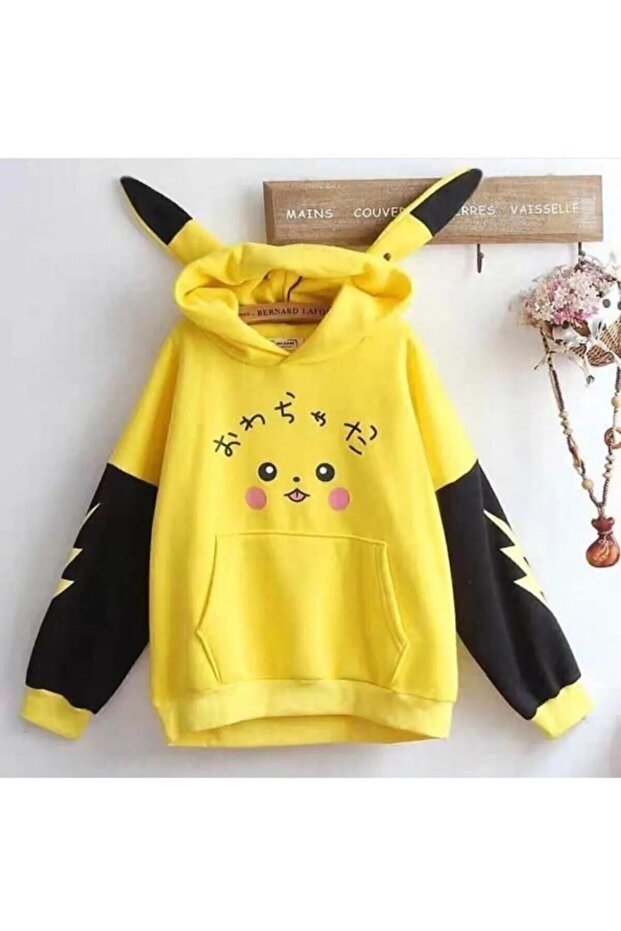 Kids Pikachu Printed Oversize 3 thread Hooded Children's Sweatshirt with Ear Detail