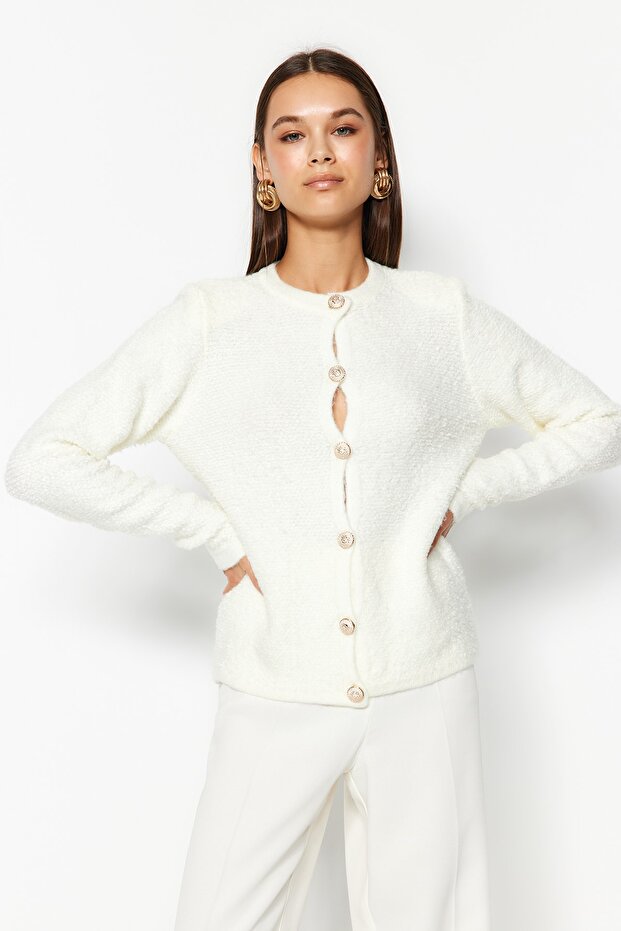 Ecru Soft Textured Accessory Jacket Look Knitwear Cardigan Twoaw24Hi00039