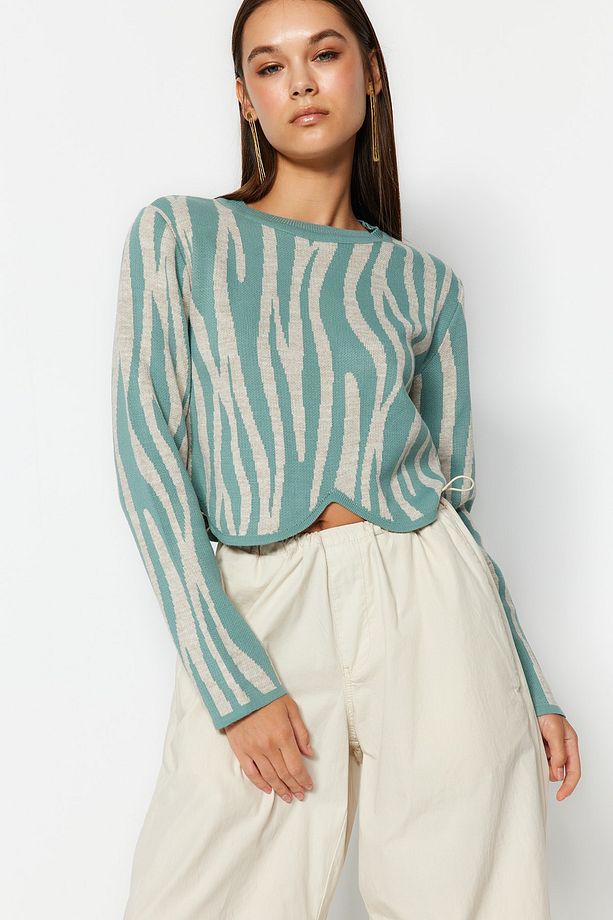 Mint Crop Zebra Desenli Renk Bloklu Triko Kazak TWOAW24KZ00694 - 1