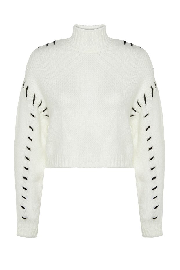 Ecru Soft Textured Wide Fit Yarn Detaillierter Crop-Strickpullover TWOAW24KZ00633 - 6