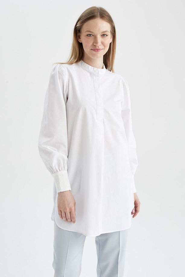 Regular Fit Dik Yaka Uzun Kollu Poplin %100 Pamuk Tunik - 7