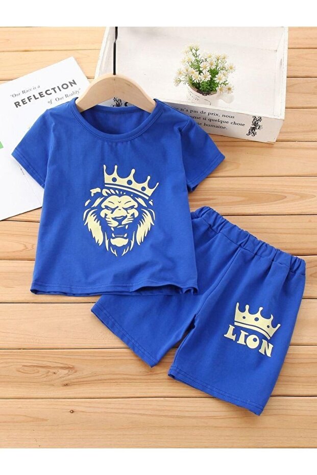 Kids Cobalt Blue Lion King Printed Shorts-T-Shirt Set