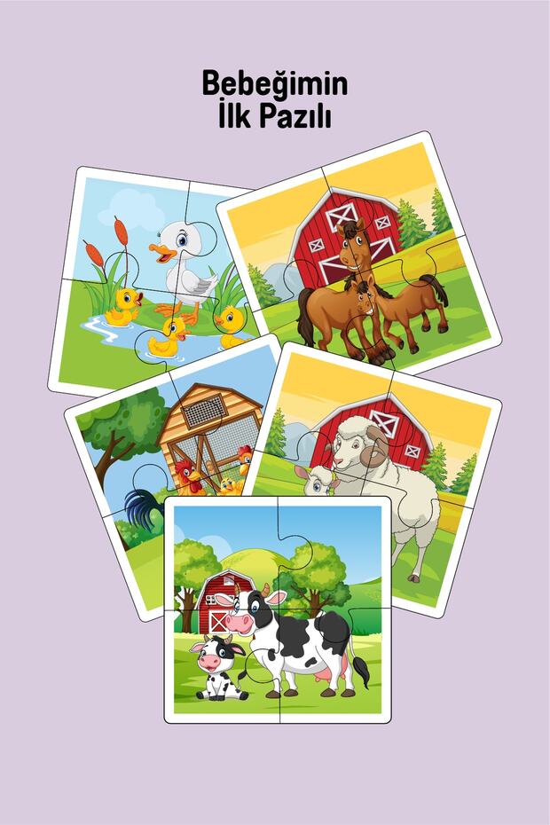 5 Pieces Wooden 4 Piece Puzzle Baby's First Set (Cow-Horse-Sheep-Duck-Chicken)