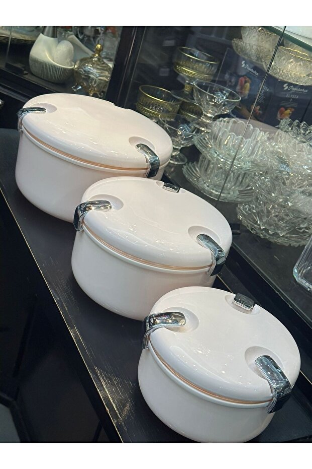 مجموعة من 3 حاويات تخزين بيضاء مستديرة مع غطاء ومشبك