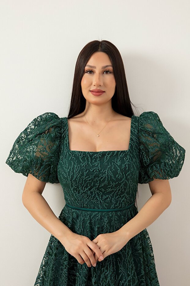 Kare Yaka Simli Tül Elbise 1491 - 3