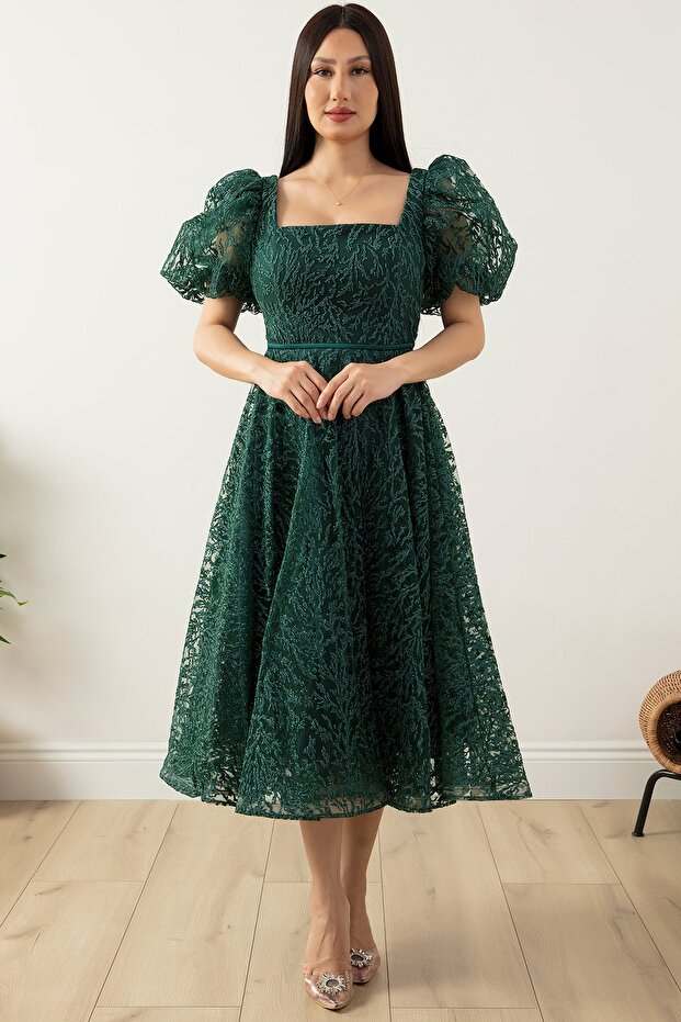 Kare Yaka Simli Tül Elbise 1491 - 4