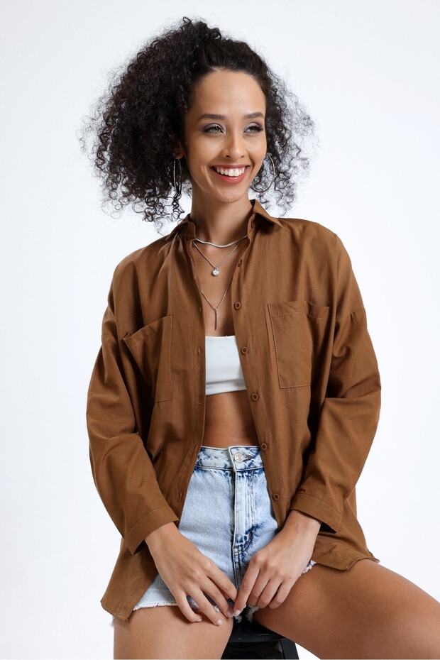 Kadın Kahve Cepli Oversize Uzun Basic Poplin Gömlek - 1