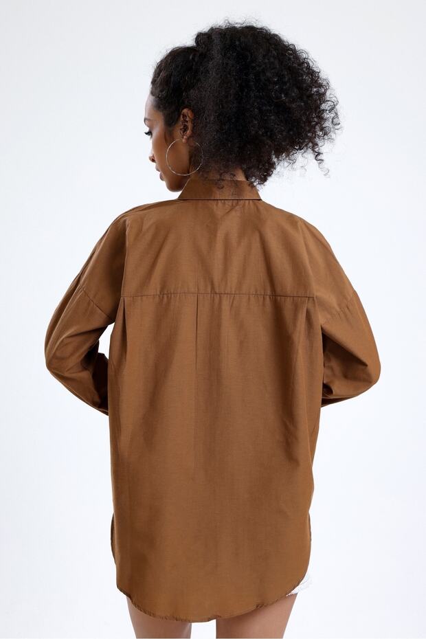 Kadın Kahve Cepli Oversize Uzun Basic Poplin Gömlek - 6