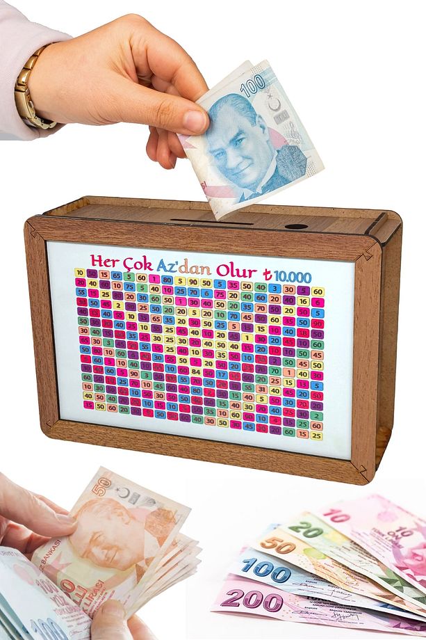 10.000TL Kumbara - Para Biriktirme Kutusu Cash Box Ahşap Yazılı - 1