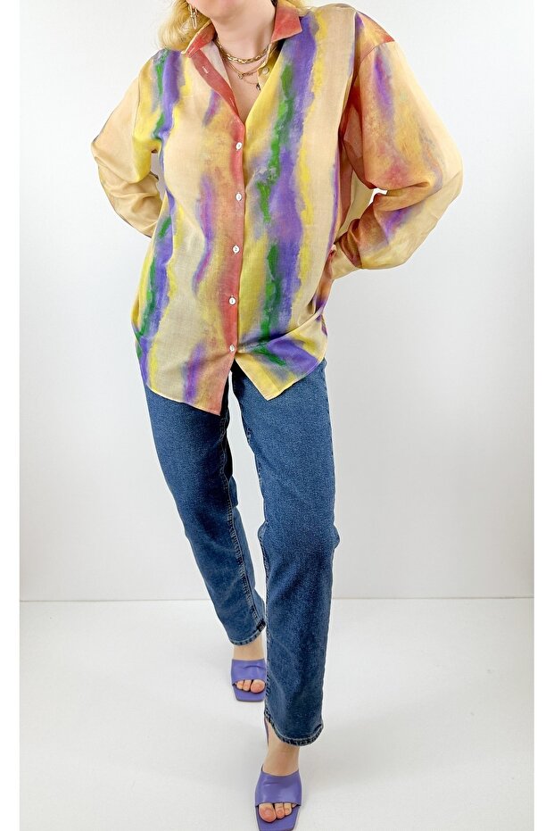 Batik desenli rami gömlek - 1