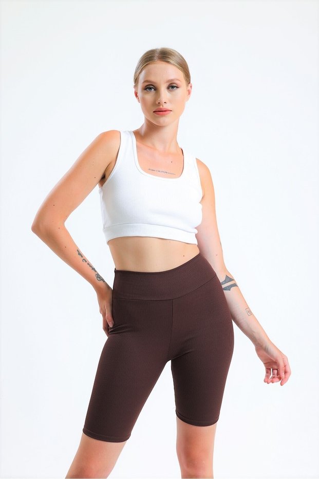 Women's Brown High Waist Gathering Short Sports Ribbed Biker Shorts Tights