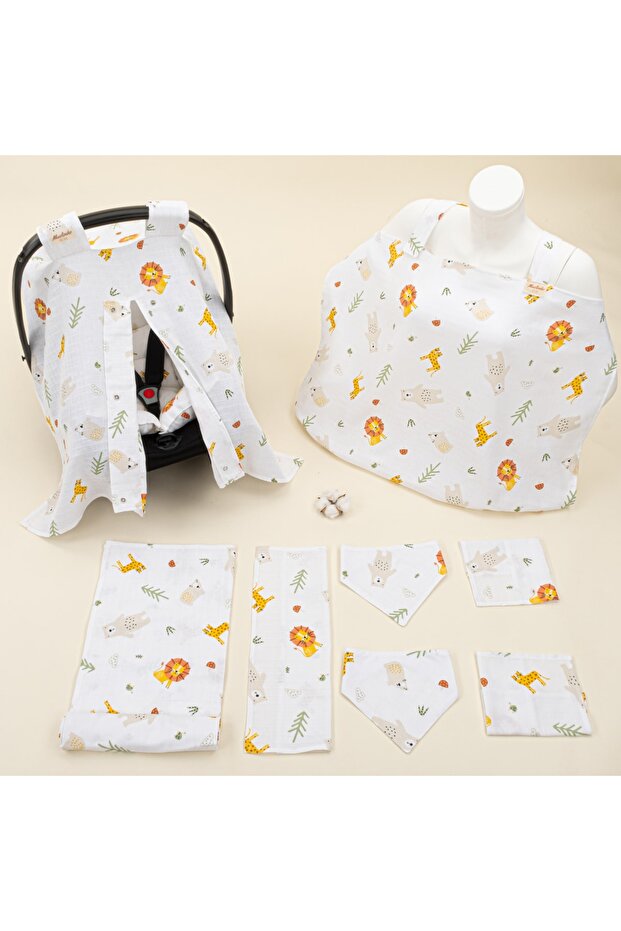 9 Parça Set - Aslan - Puset Seti,Müslin Örtü,Önlük Mendil Set,Emzirme Önlüğü - 1