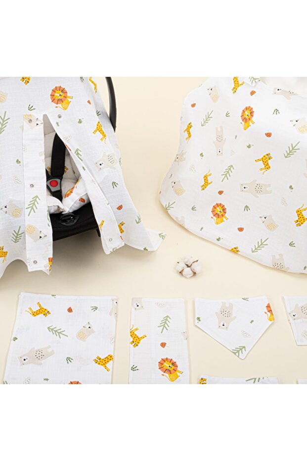 9 Parça Set - Aslan - Puset Seti,Müslin Örtü,Önlük Mendil Set,Emzirme Önlüğü - 4