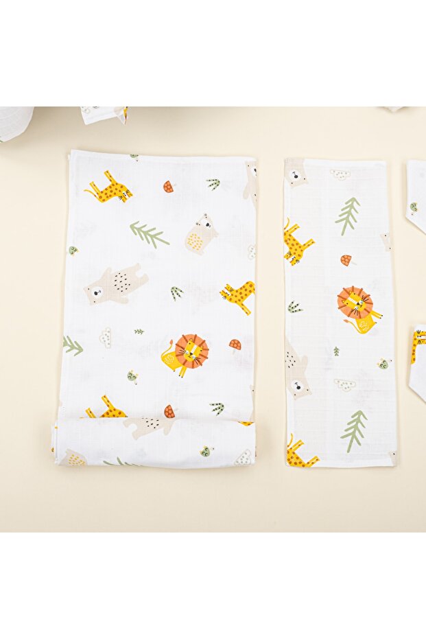 9 Parça Set - Aslan - Puset Seti,Müslin Örtü,Önlük Mendil Set,Emzirme Önlüğü - 5