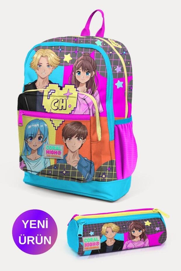 Kids Gray Blue Pink Anime Patterned 2-Piece School Bag Set GOSET0223737
