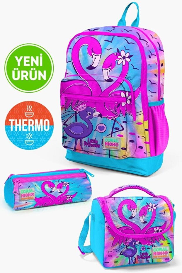 Kids Blue Pink Flamingo Patterned 3-Piece School Bag Set Goset0123730