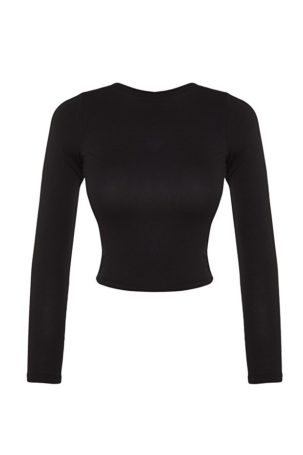 Siyah Derin Sırt Dekolteli Fitted/Vücuda Oturan Pamuklu Esnek Örme Bluz TWOAW24BZ00173 - 6