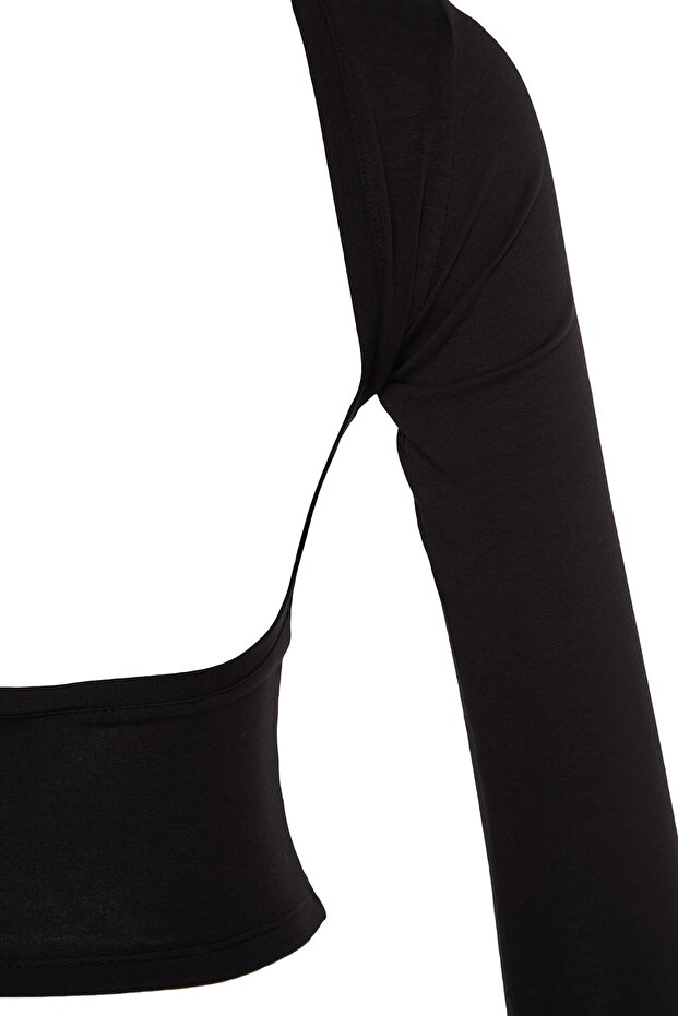 Siyah Derin Sırt Dekolteli Fitted/Vücuda Oturan Pamuklu Esnek Örme Bluz TWOAW24BZ00173 - 7