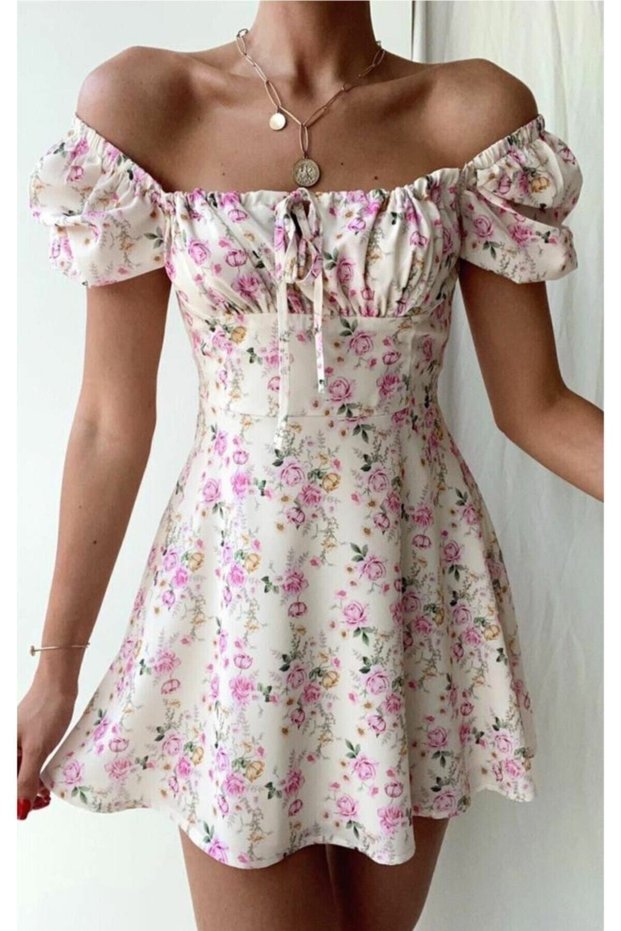 Light Yellow Dress with Tie-Neck Collar and Rose Pattern