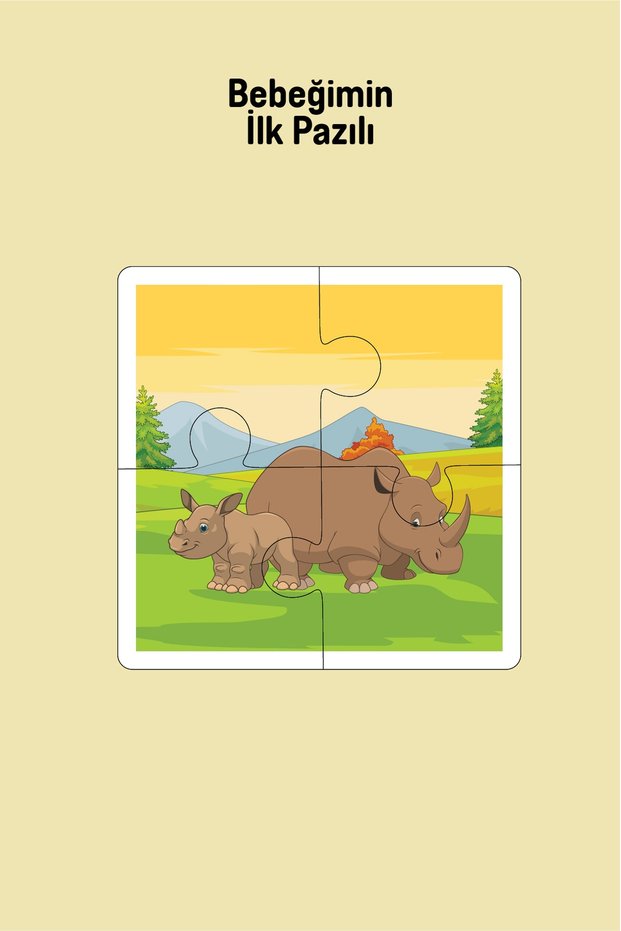 Wooden 4 Piece Puzzle My Baby's First Pazlı (Rhinoceros Family)