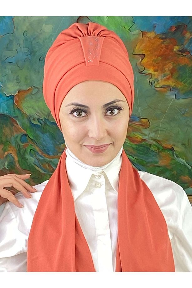 Hürrem Model Tek Biritli Atkılı Taşlı Turuncu Bone - 1
