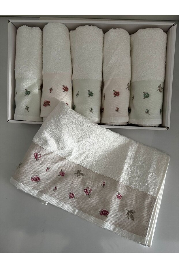 Bamboo Embroidered Rose Towel Set - 6 Pieces, 50X90