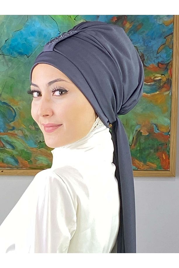 Hürrem Model Tek Biritli Atkılı Taşlı Antrasit Bone - 4